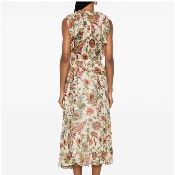 NWT Silk Ulla Johnson Adrienne Midi Dress w/ Ruffles Ecru Floral Size 6 - Picture 2 of 15